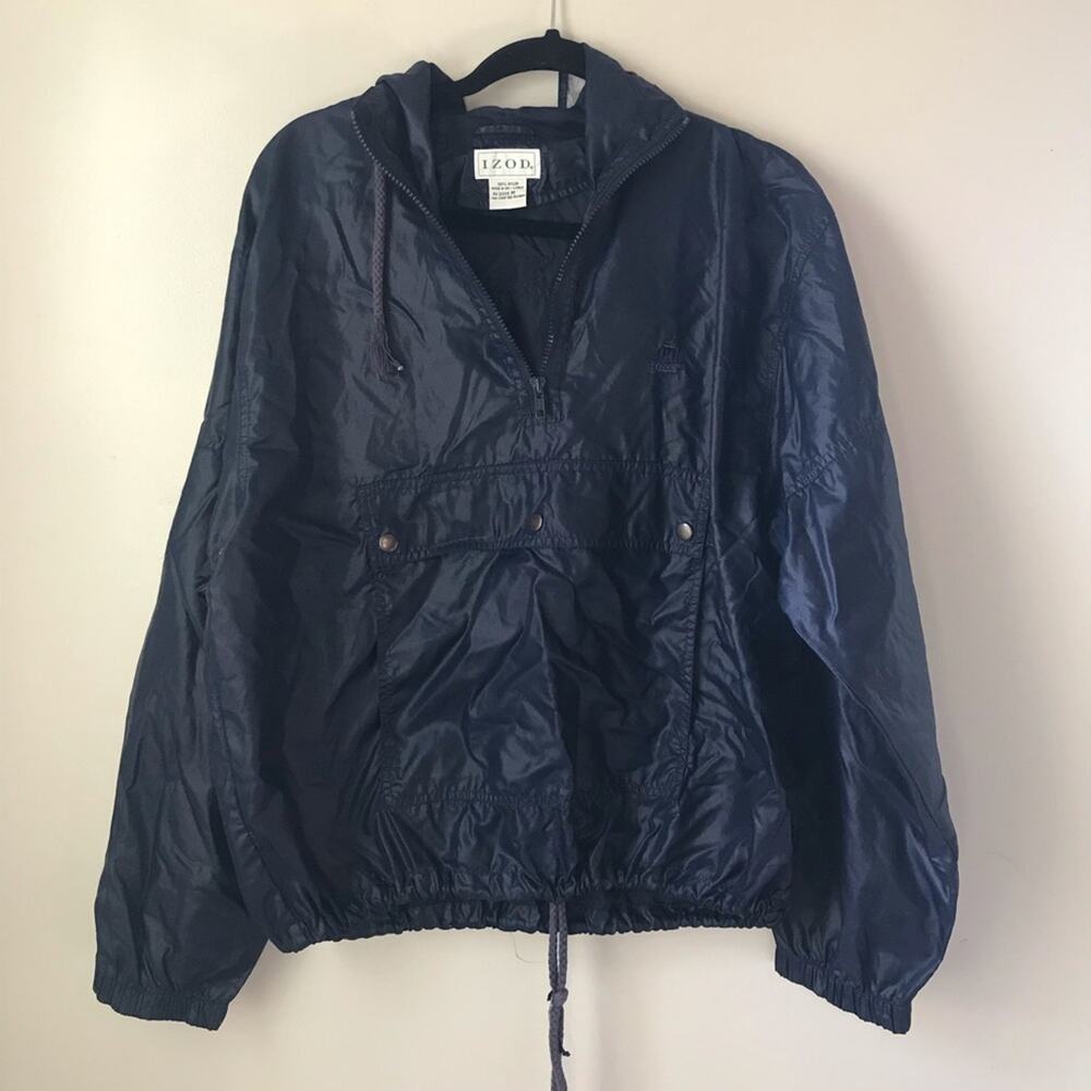 Vintage izod med navy blue long sleeve kangaroo pouch nylon windbreaker anorak
